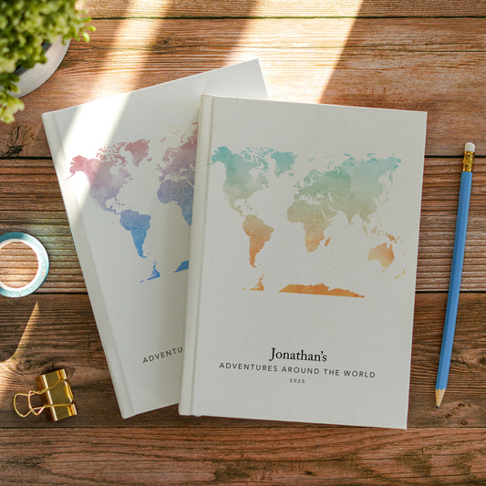 World Travel Personalised Watercolour Travel Journal