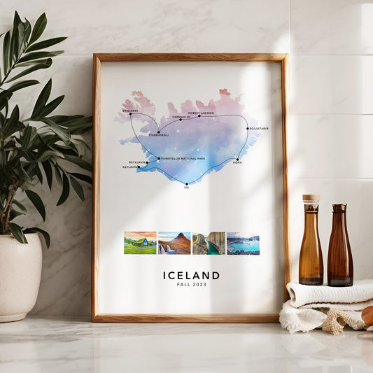Iceland Personalised Travel Map Print with Photo Collage