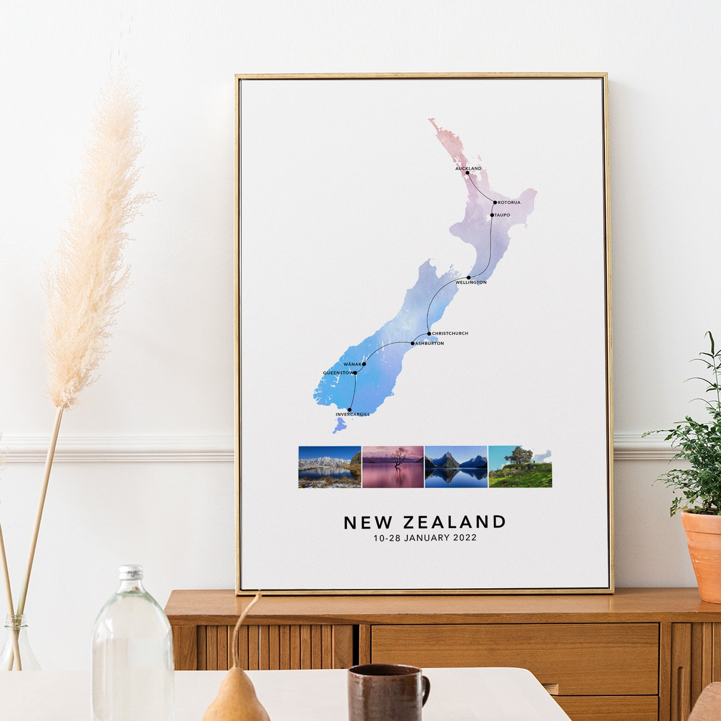 New Zealand Personalised Travel Map Print with Photo Collage