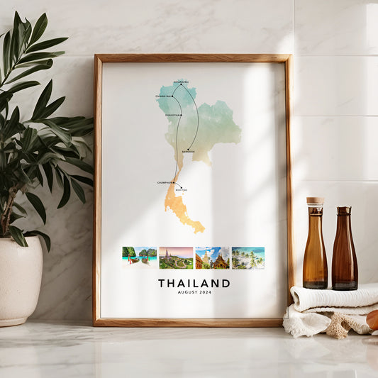 Thailand Personalised Travel Map Print with Photo Collage