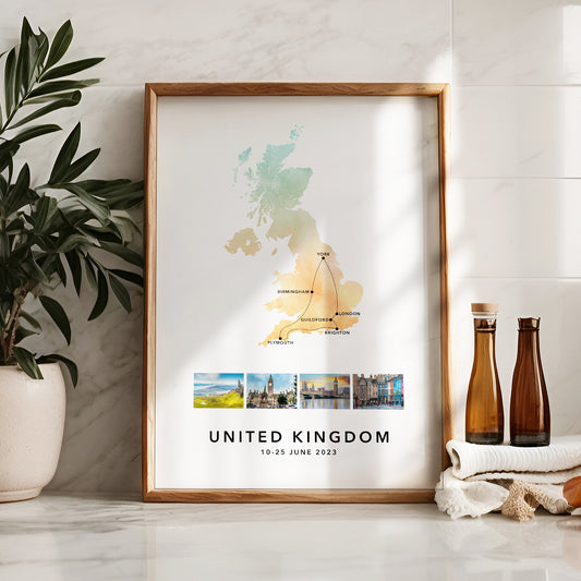 United Kingdom Personalised Travel Map Print with Photo Collage
