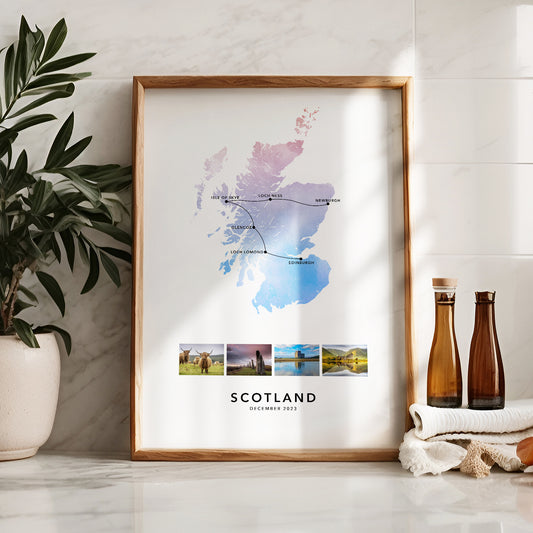 Scotland Personalised Travel Map Print with Photo Collage