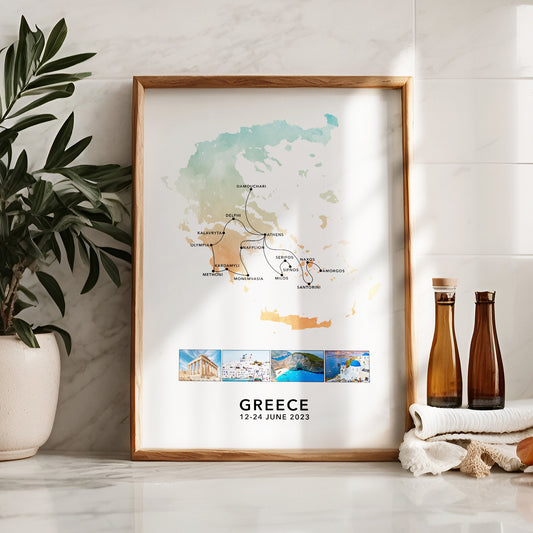 Greece Personalised Travel Map Print with Photo Collage