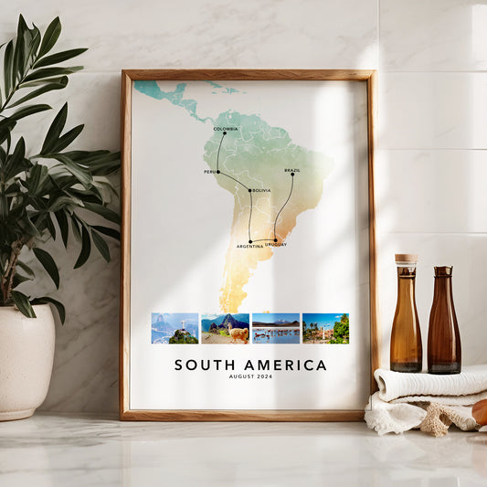 South America Personalised Travel Map Print with Photo Collage