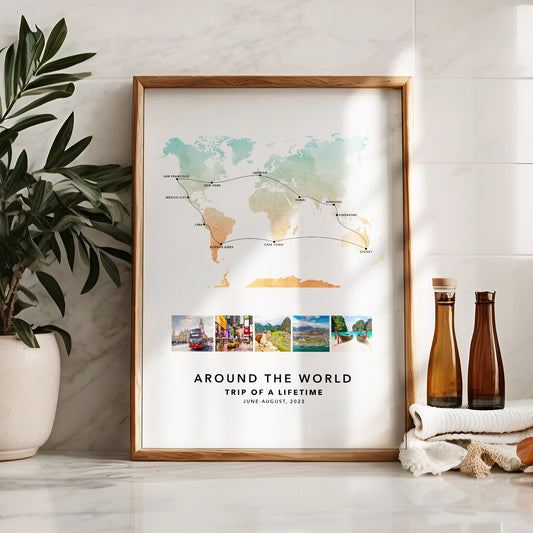 World Travel Personalised Travel Map Print with Photo Collage