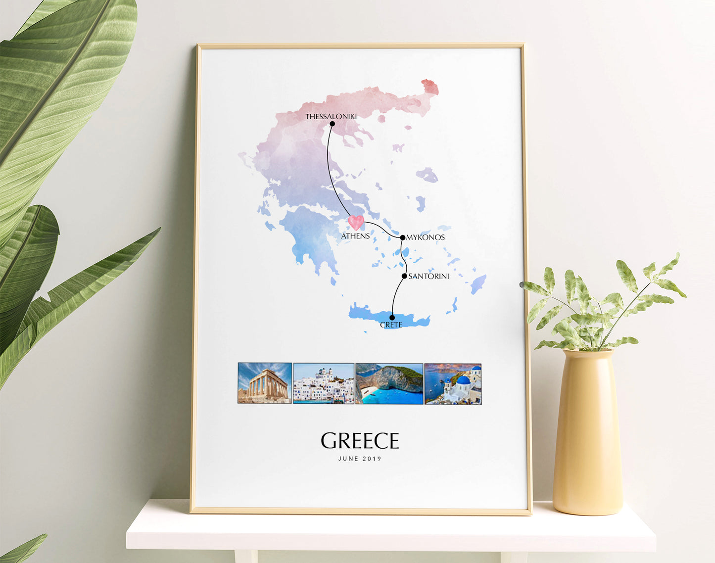 Greece Personalised Travel Map Print with Photo Collage