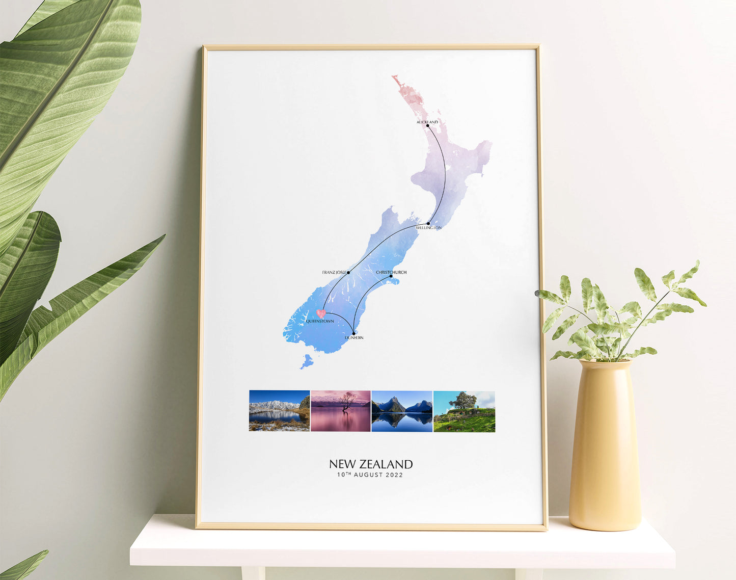 New Zealand Personalised Travel Map Print with Photo Collage