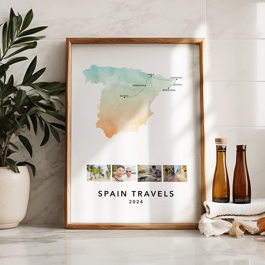 Spain Personalised Travel Map Print with Photo Collage