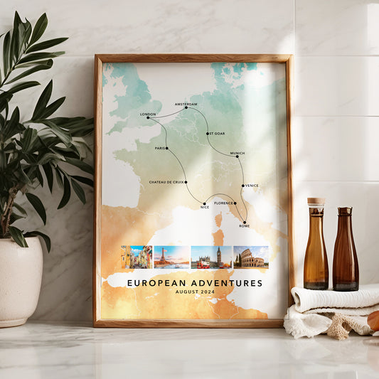 Europe Personalised Travel Map Print with Photo Collage