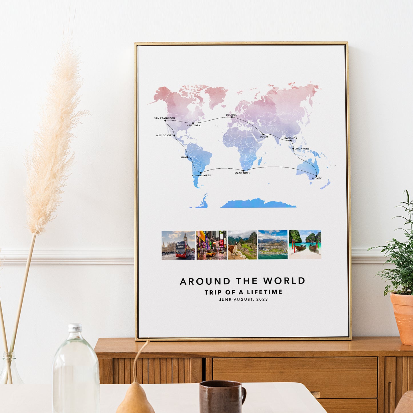 World Travel Personalised Travel Map Print with Photo Collage