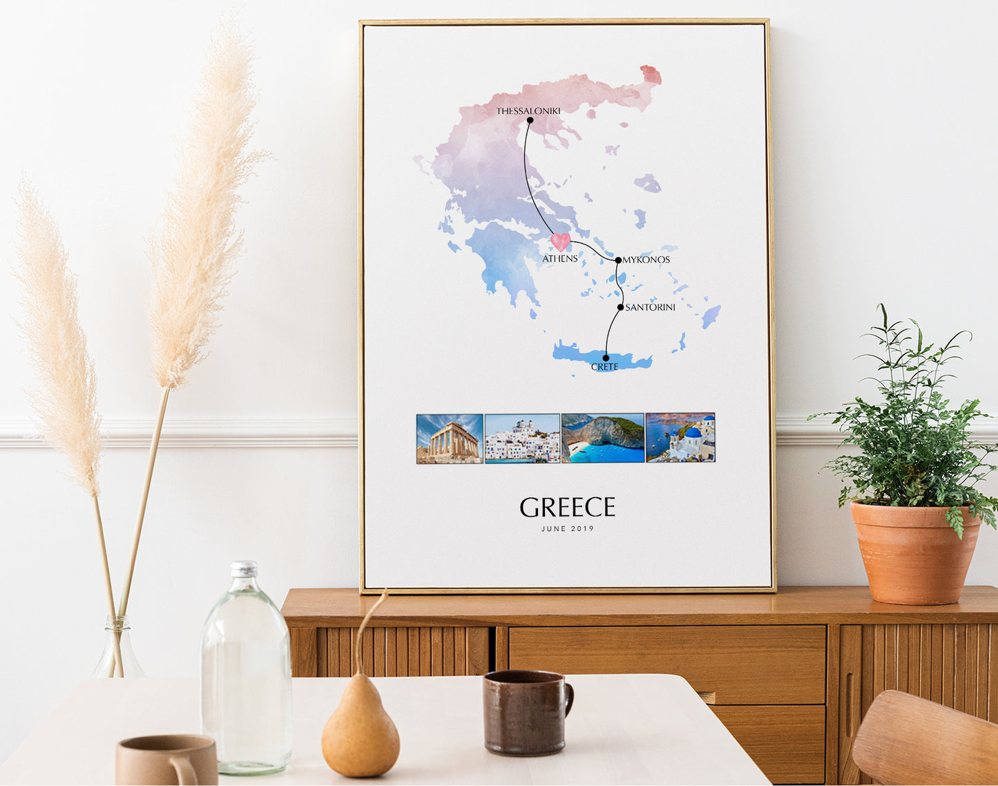 Greece Personalised Travel Map Print with Photo Collage