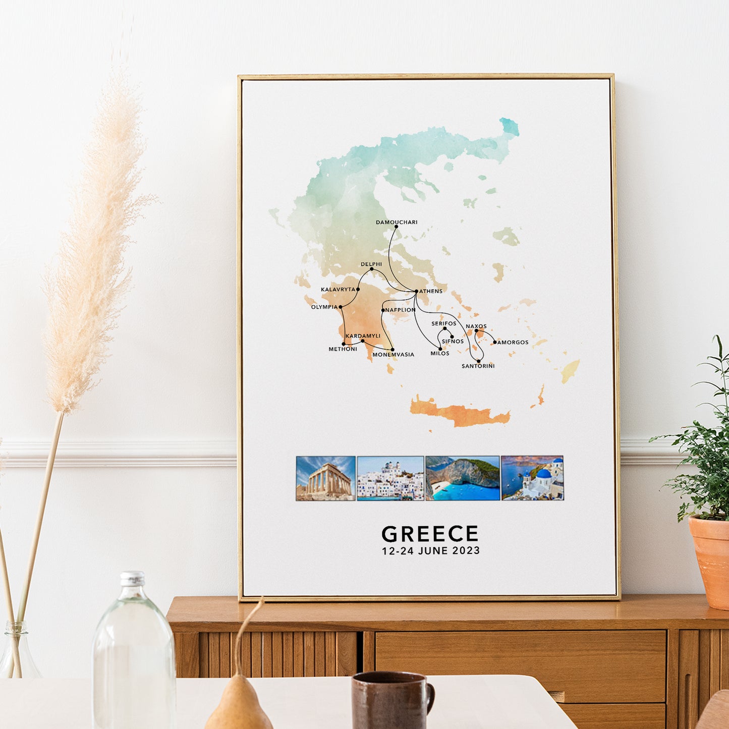 Greece Personalised Travel Map Print with Photo Collage
