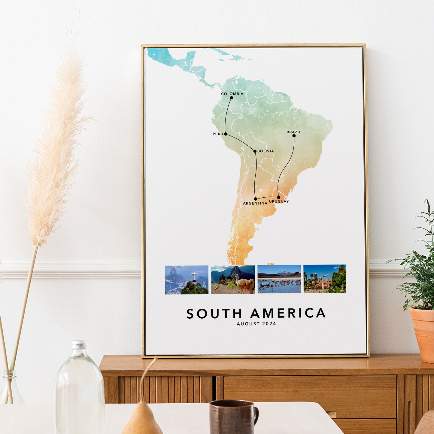 South America Personalised Travel Map Print with Photo Collage