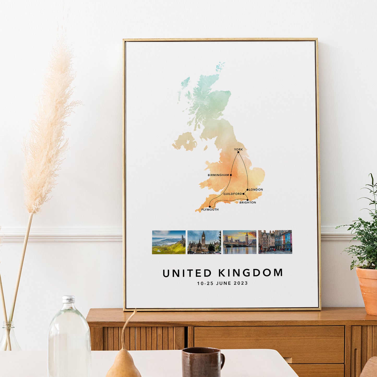 United Kingdom Personalised Travel Map Print with Photo Collage