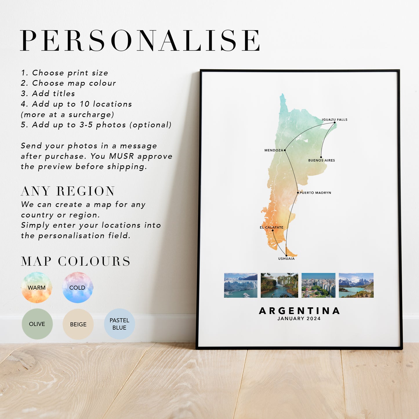 Argentina Personalised Travel Map Print with Photo Collage