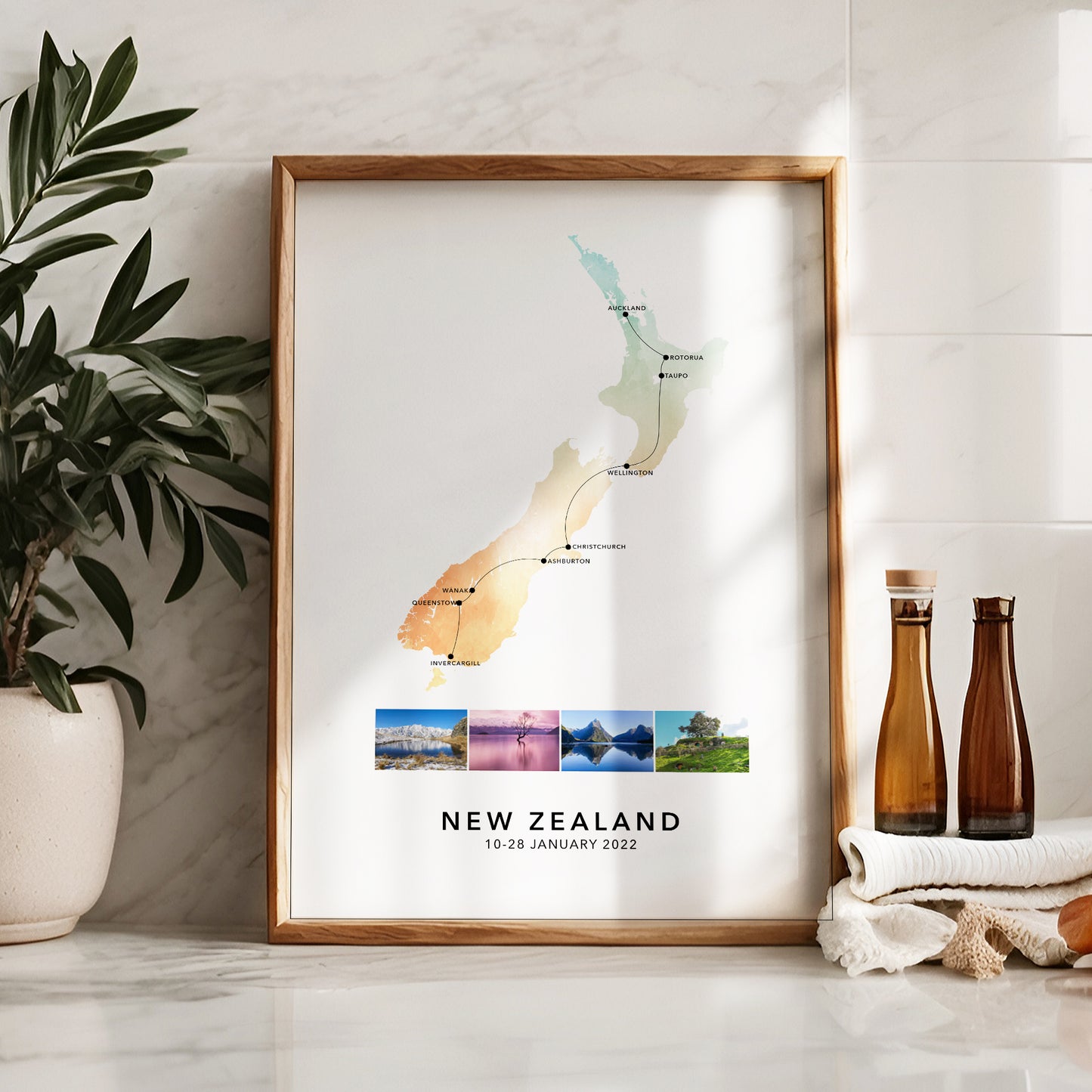 New Zealand Personalised Travel Map Print with Photo Collage