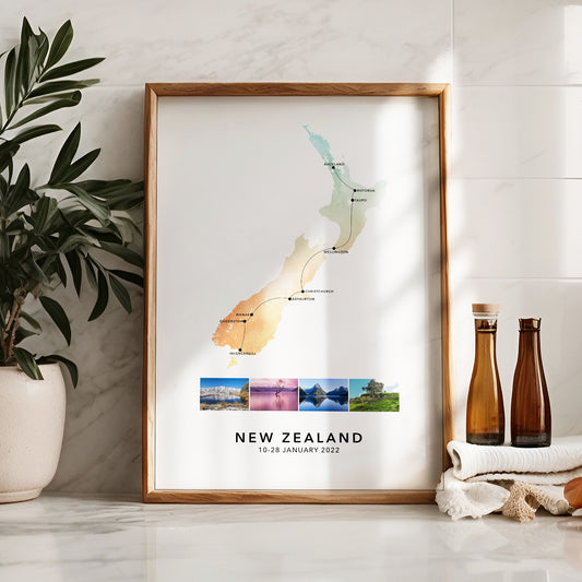 New Zealand Personalised Travel Map Print with Photo Collage