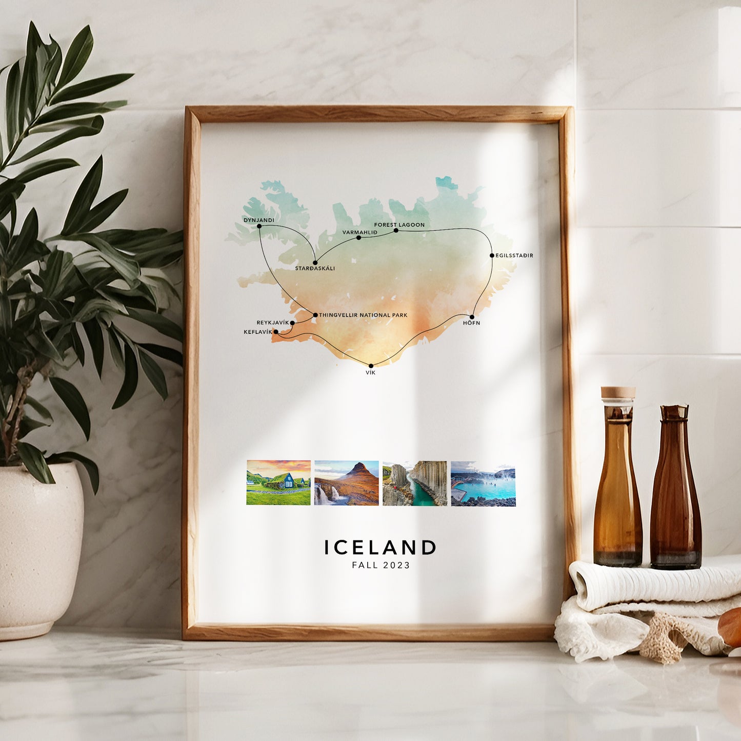 Iceland Personalised Travel Map Print with Photo Collage