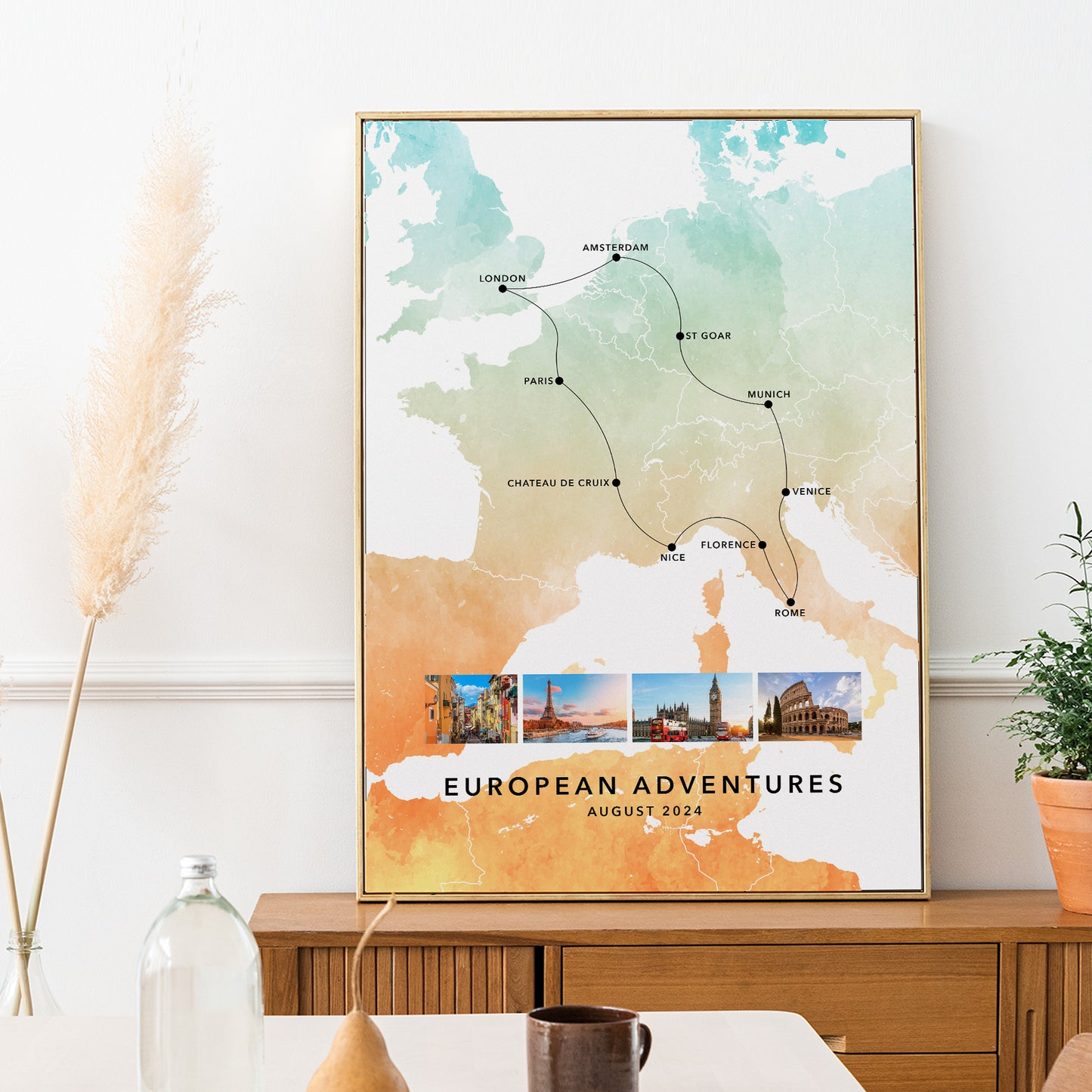 Europe Personalised Travel Map Print with Photo Collage