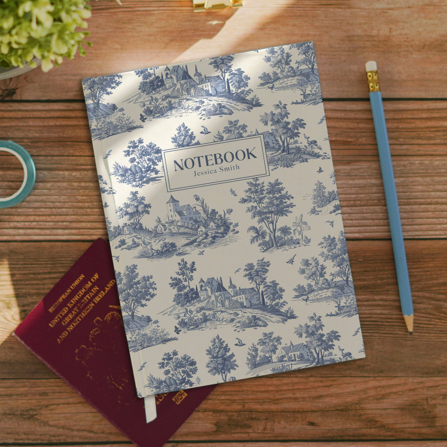 Blue Toile de Jouy Luxury Personalised Notebook/Diary/Journal