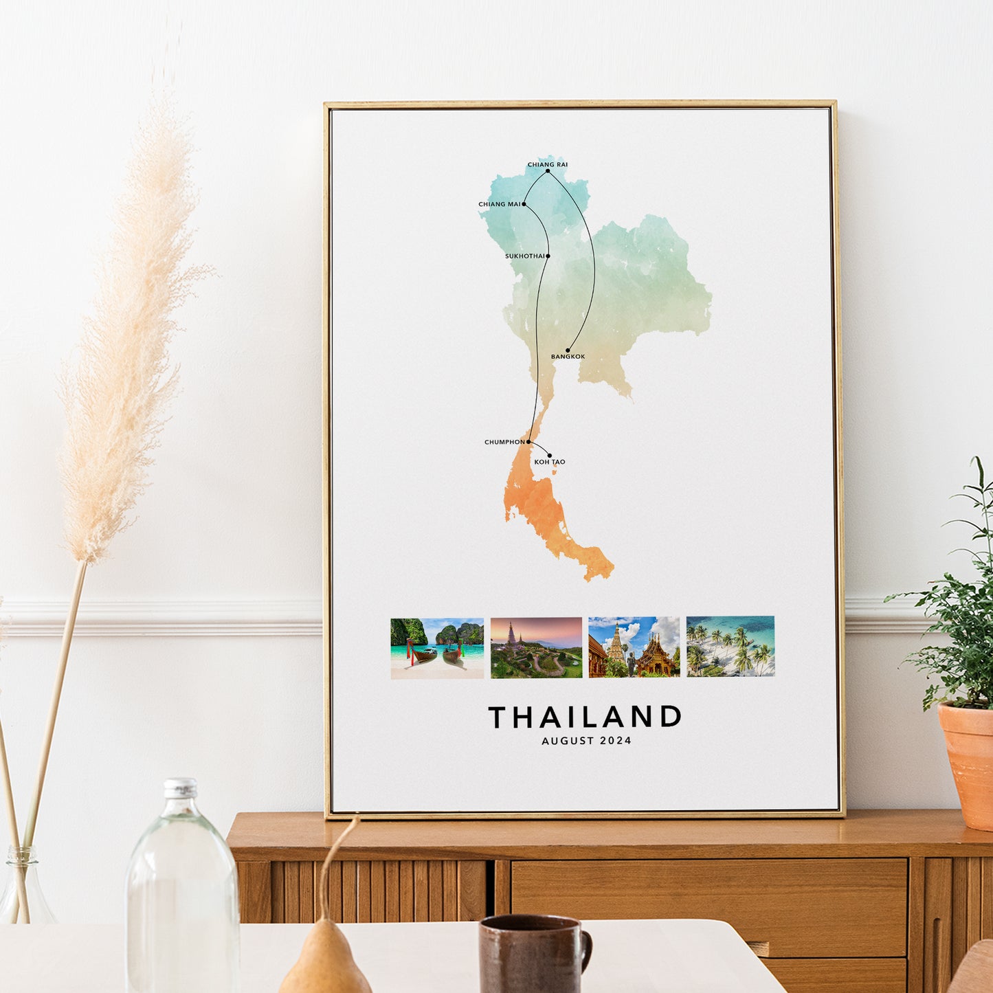 Thailand Personalised Travel Map Print with Photo Collage