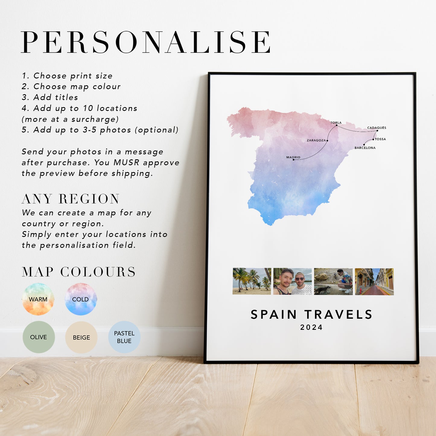 Spain Personalised Travel Map Print with Photo Collage