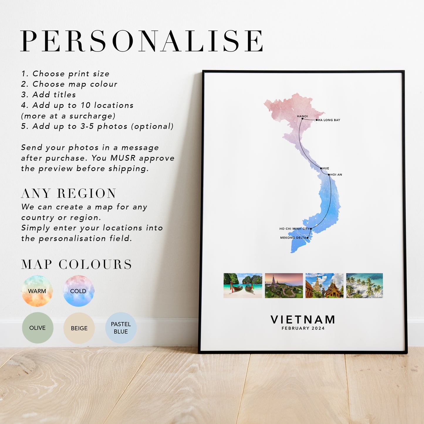 Vietnam Personalised Travel Map Print with Photo Collage