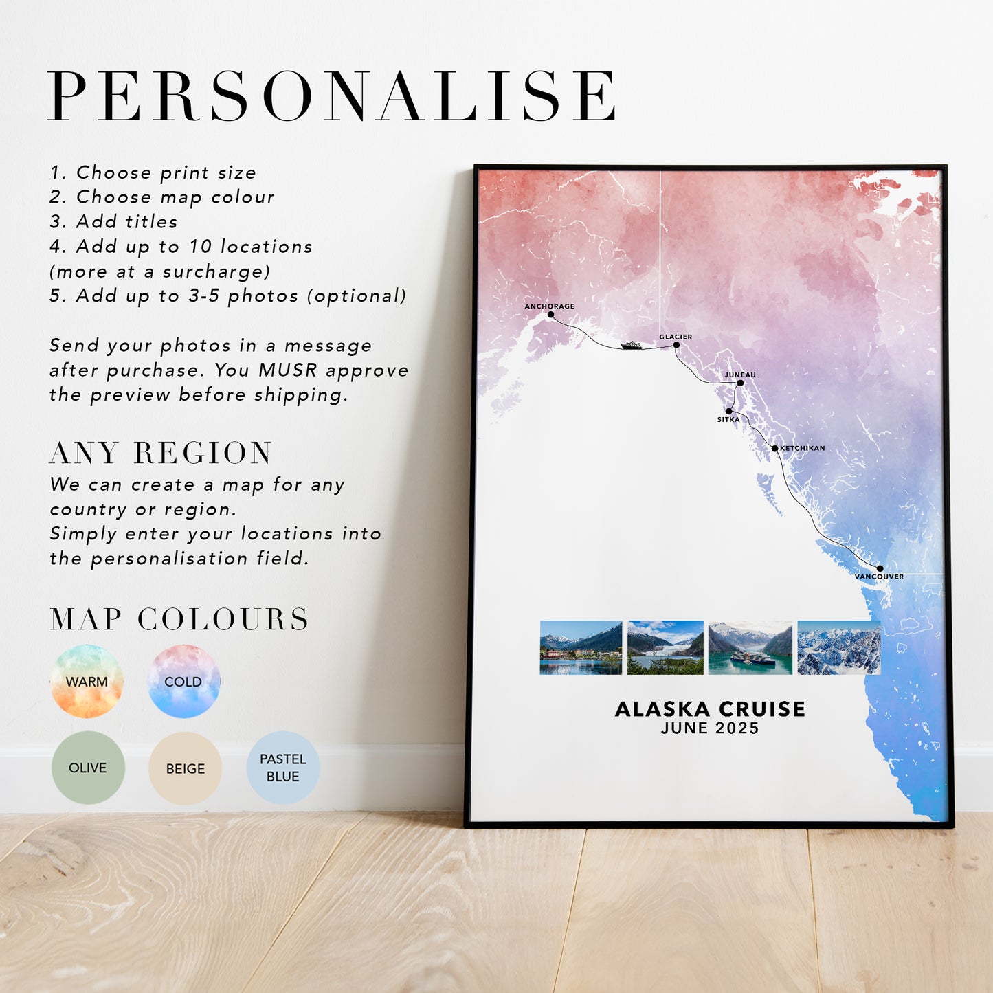 Alaska Cruise Personalised Travel Map Print with Photo Collage