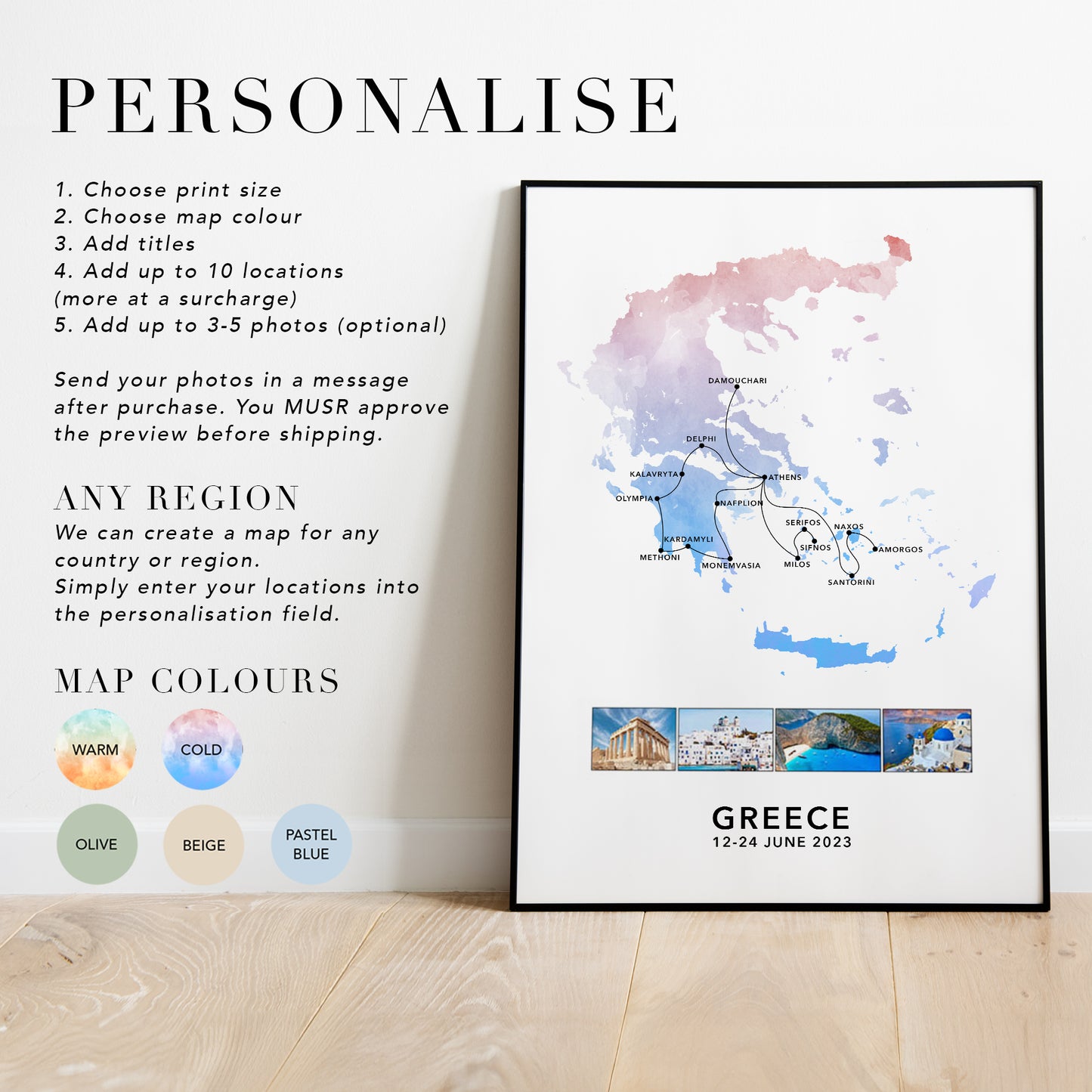 Greece Personalised Travel Map Print with Photo Collage