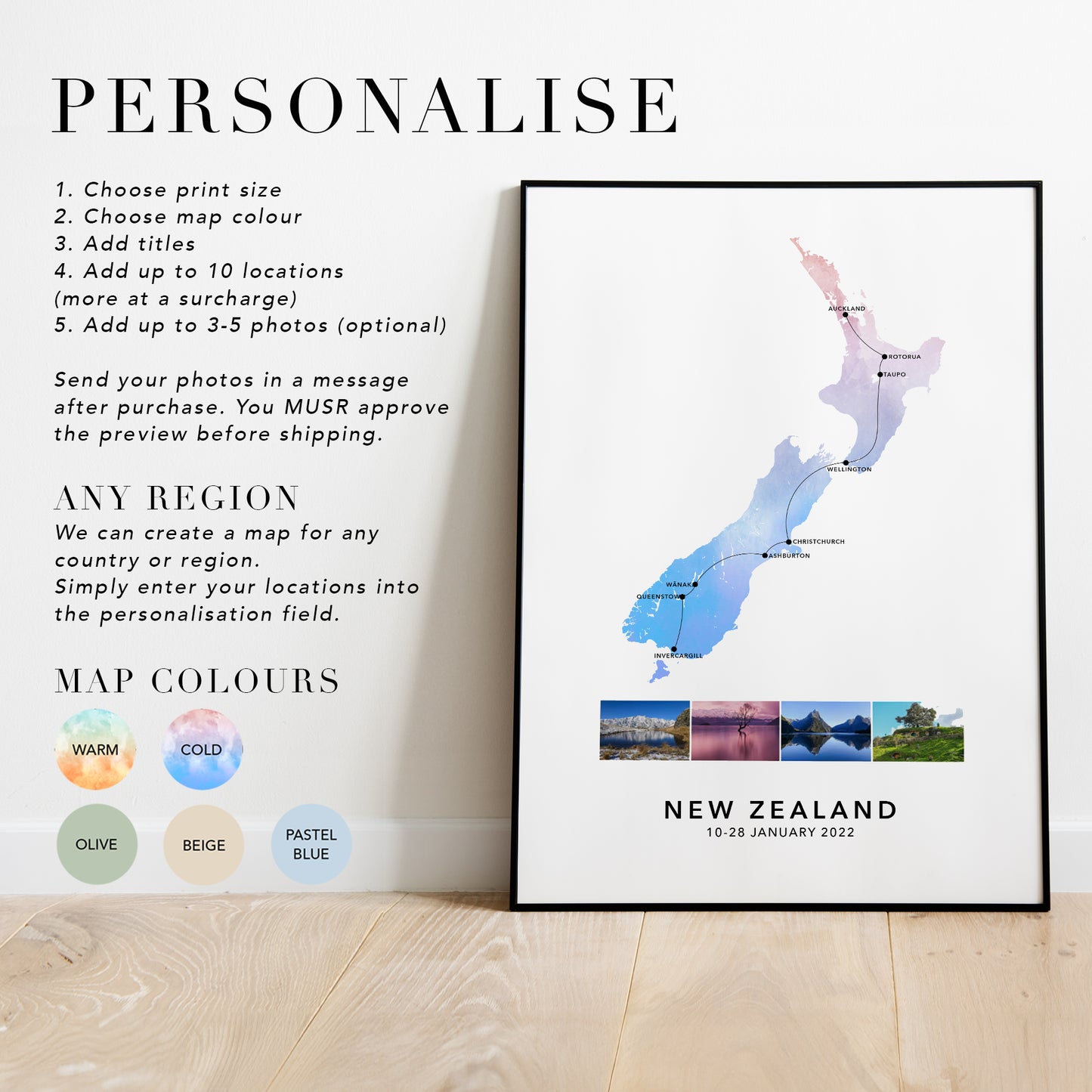 New Zealand Personalised Travel Map Print with Photo Collage