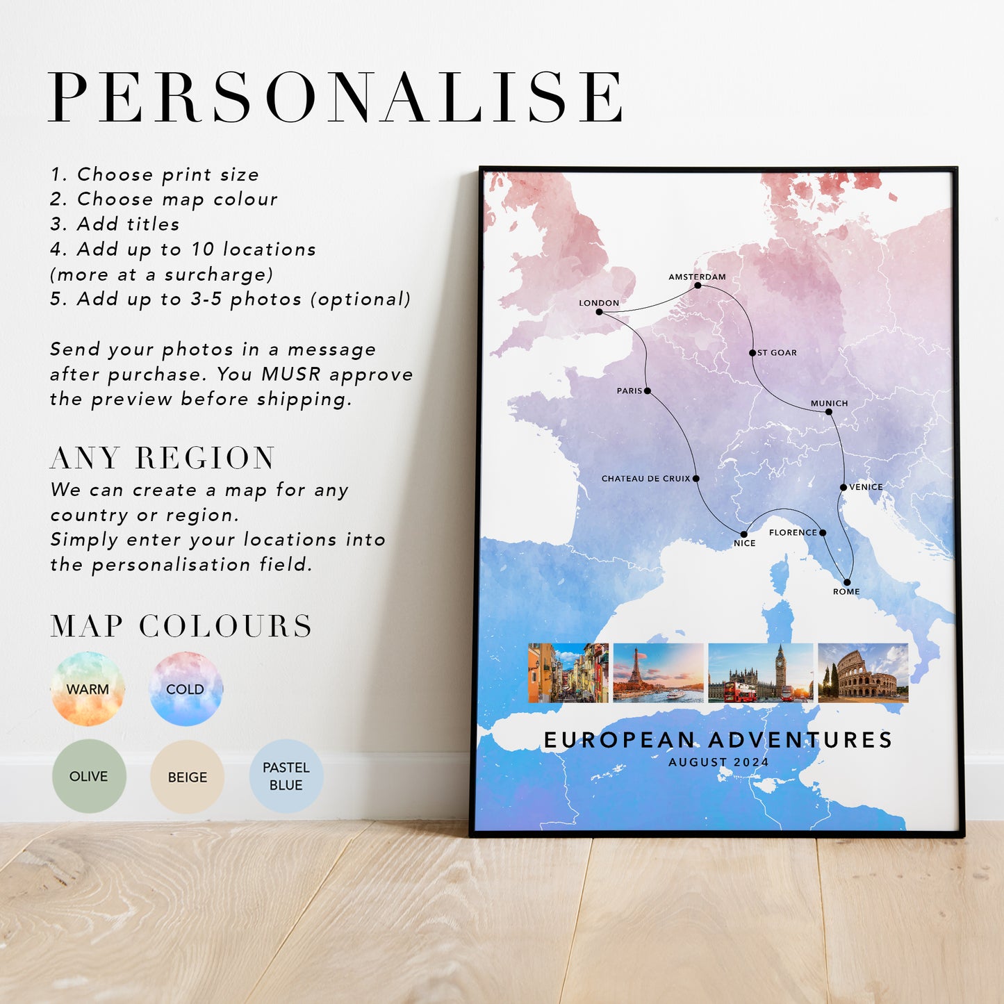 Europe Personalised Travel Map Print with Photo Collage