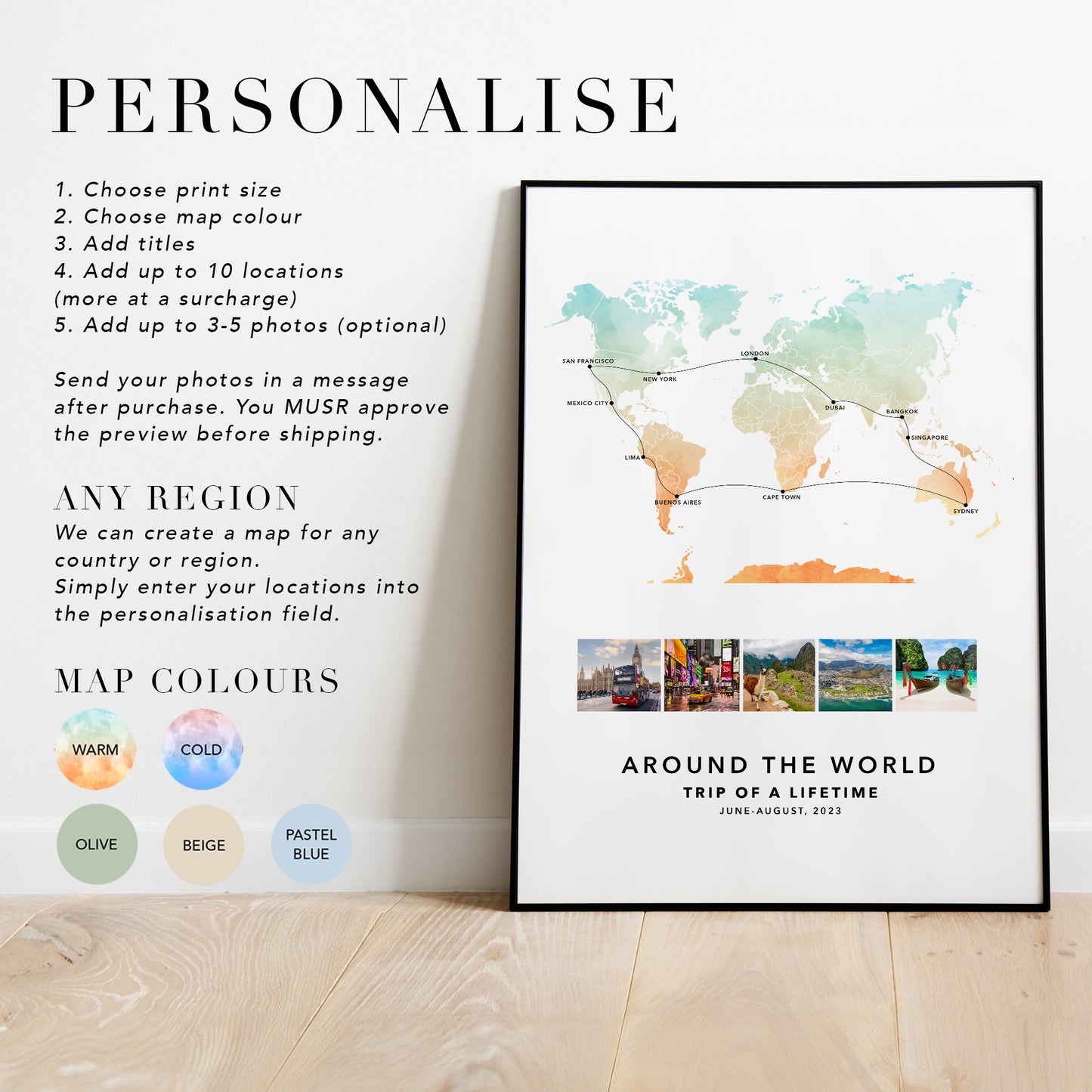 World Travel Personalised Travel Map Print with Photo Collage