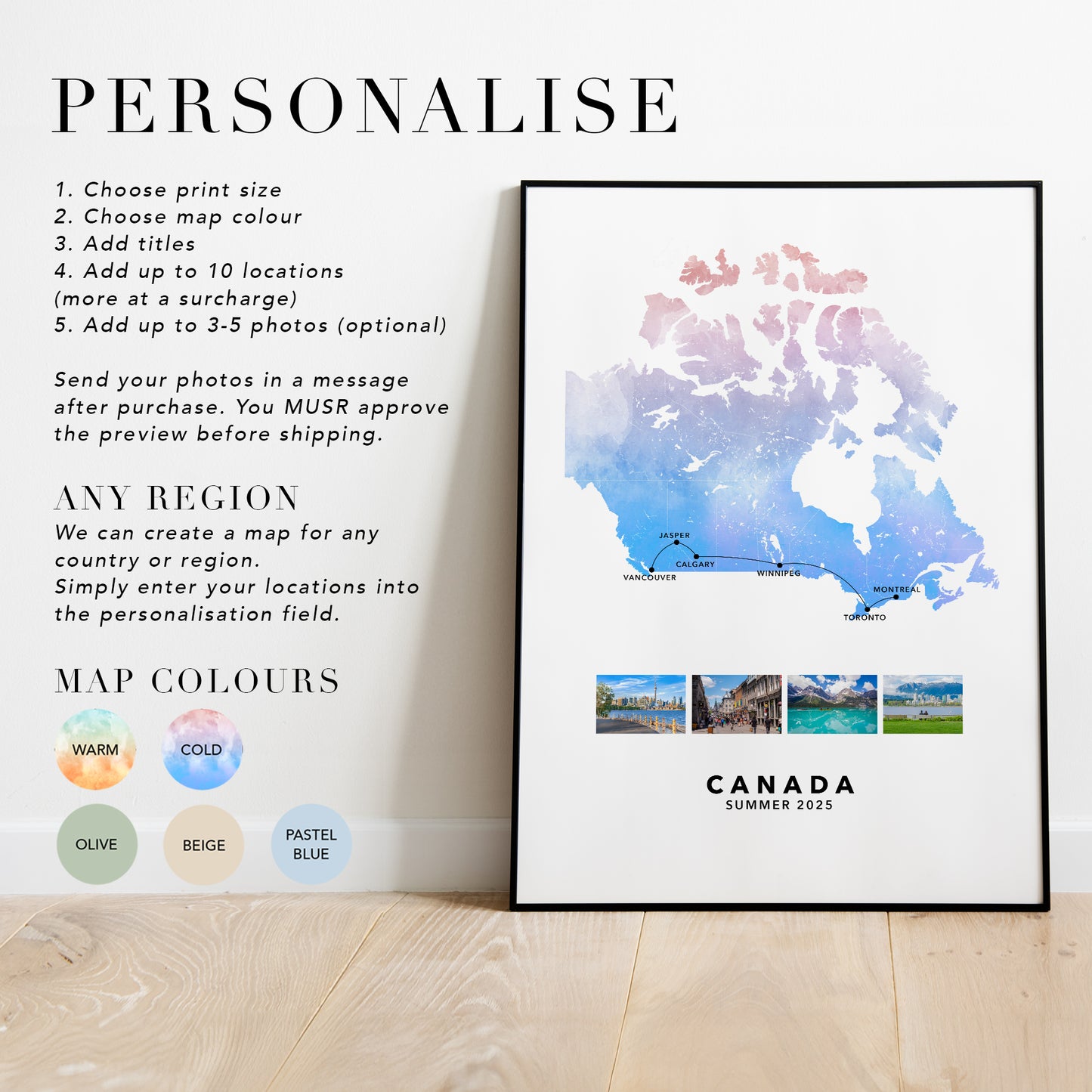 Canada Personalised Travel Map Print with Photo Collage