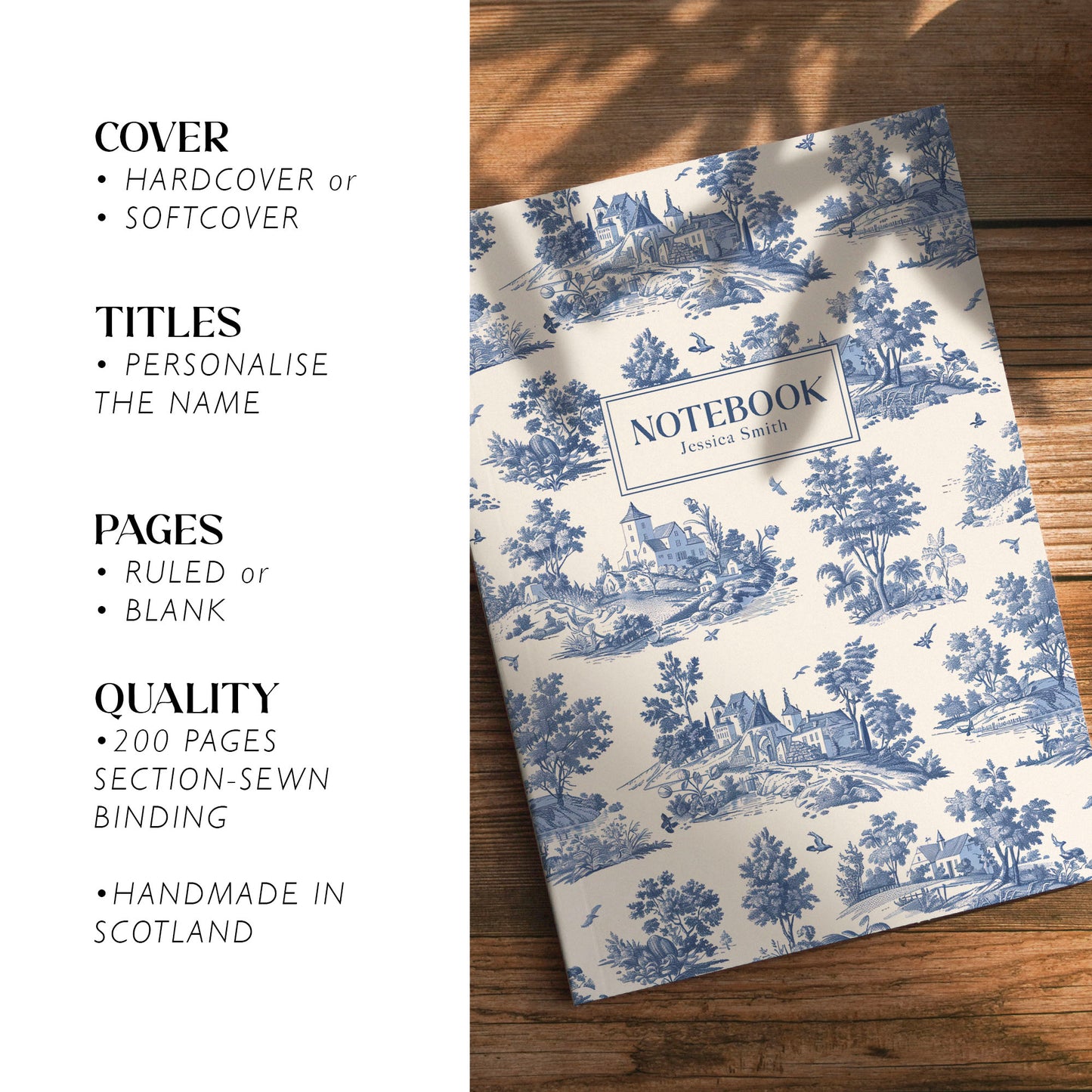 Blue Toile de Jouy Luxury Personalised Notebook/Diary/Journal