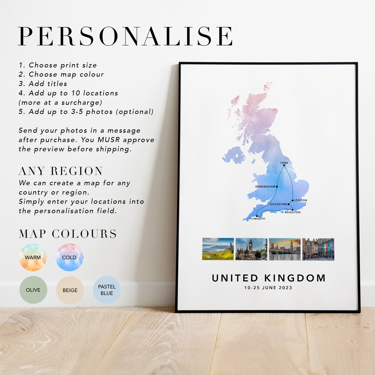 United Kingdom Personalised Travel Map Print with Photo Collage