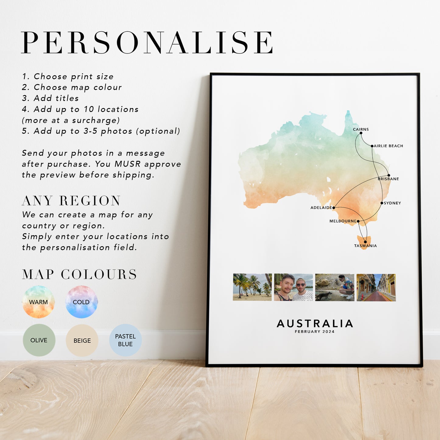 Australia Personalised Travel Map Print with Photo Collage