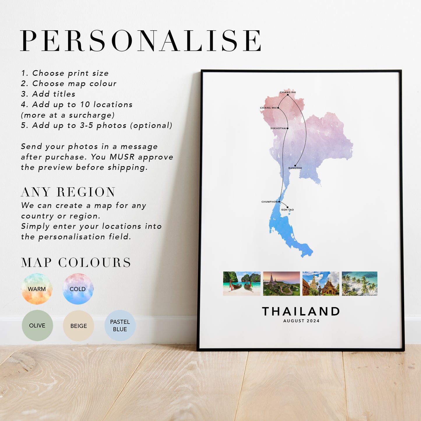 Thailand Personalised Travel Map Print with Photo Collage