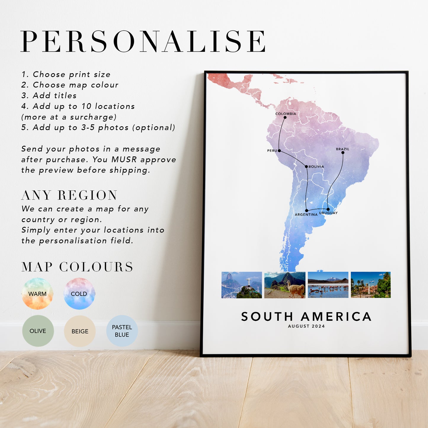 South America Personalised Travel Map Print with Photo Collage
