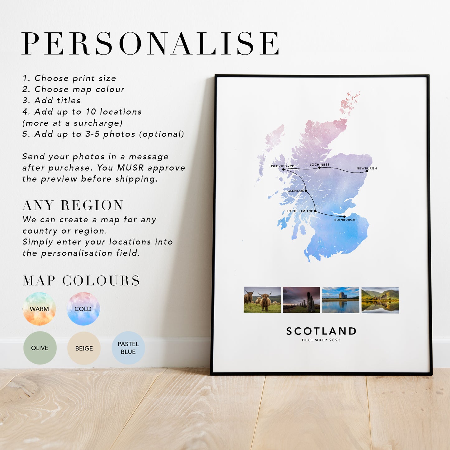 Scotland Personalised Travel Map Print with Photo Collage