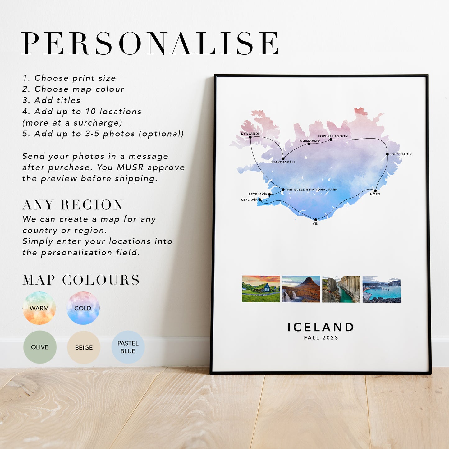 Iceland Personalised Travel Map Print with Photo Collage