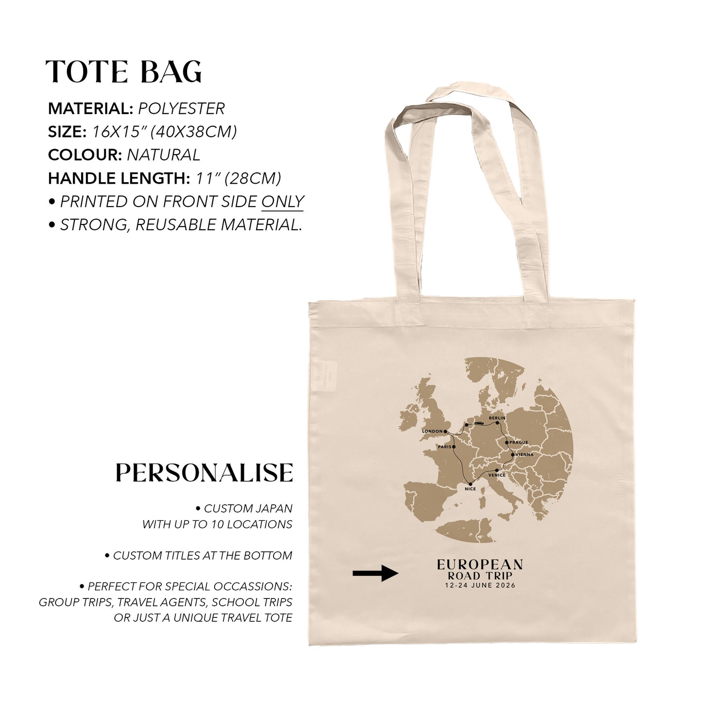 Europe Personalized Map Tote Bag | Travel Agents, Group Tours, School Trips