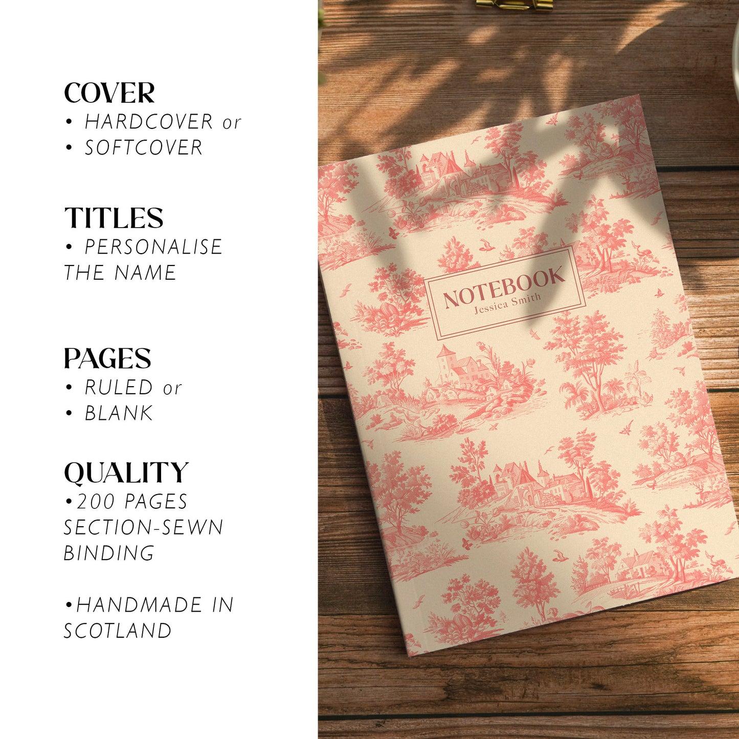 Pink Toile de Jouy Luxury Personalised Notebook/Diary/Journal