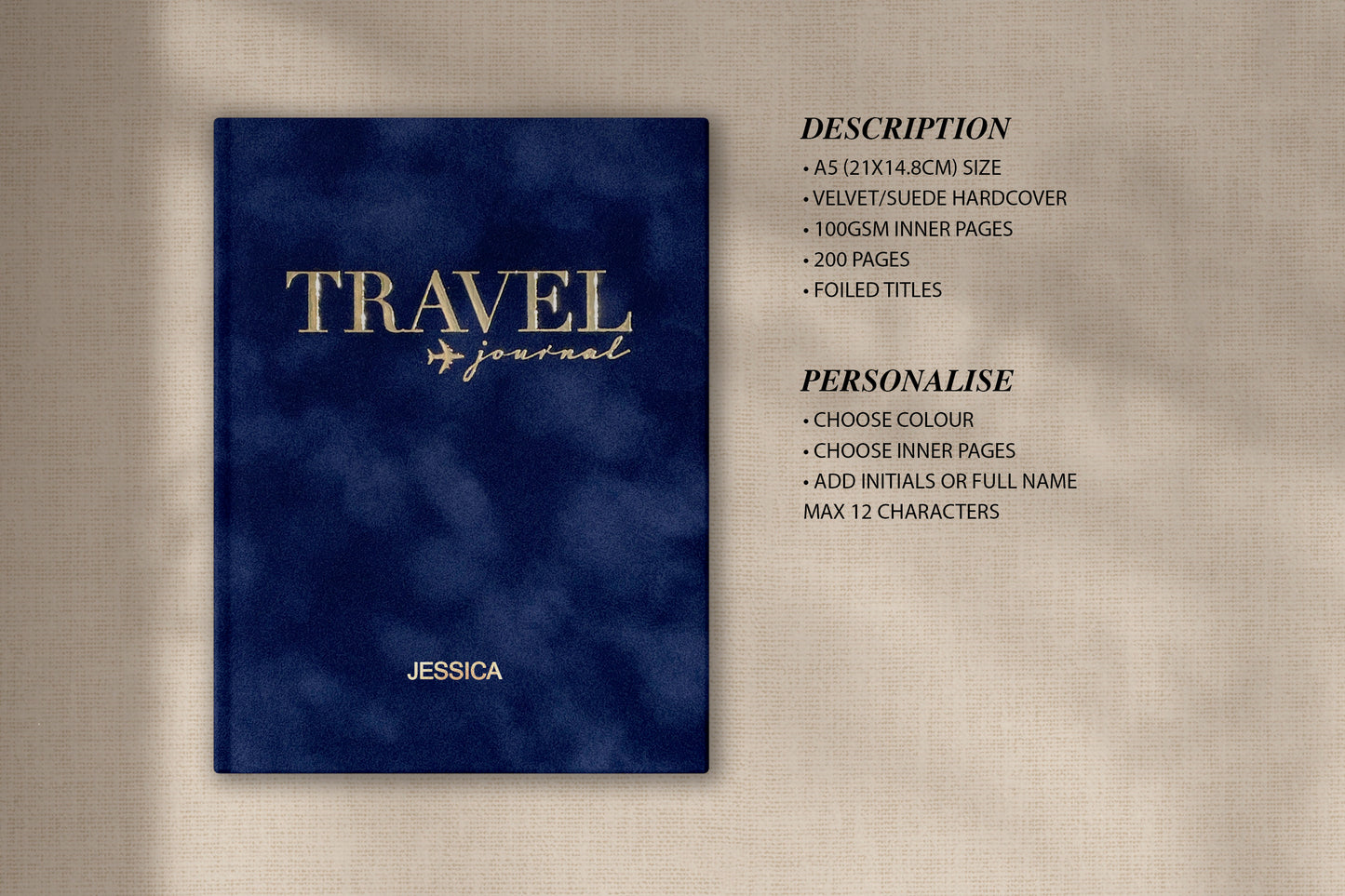 Luxury Velvet Foiled Personalised Travel Journal