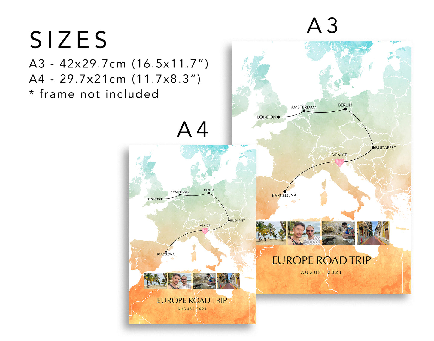 Europe Personalised Travel Map Print with Photo Collage