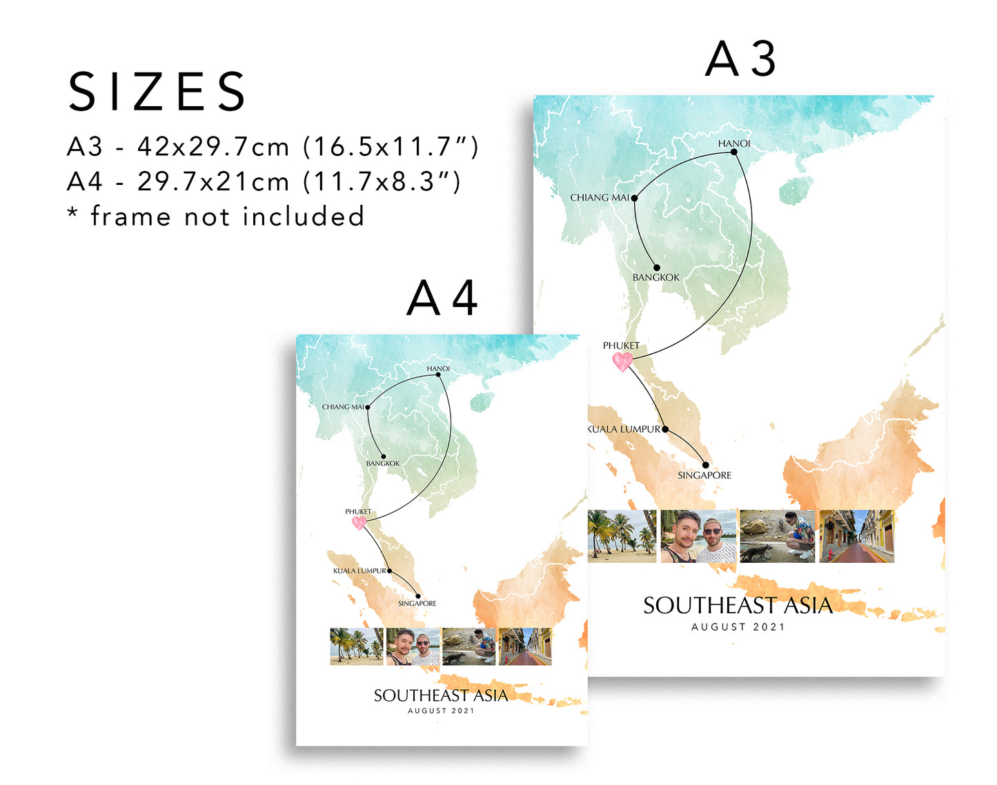 South East Asia Personalised Travel Map Print with Photo Collage