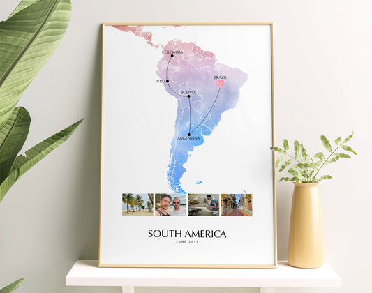 South America Personalised Travel Map Print with Photo Collage