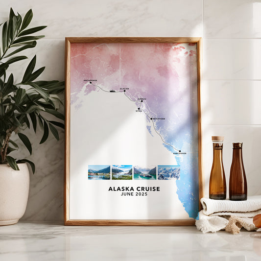 Alaska Cruise Personalised Travel Map Print with Photo Collage
