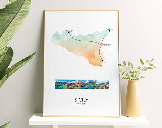 Sicily Personalised Travel Map Print with Photo Collage