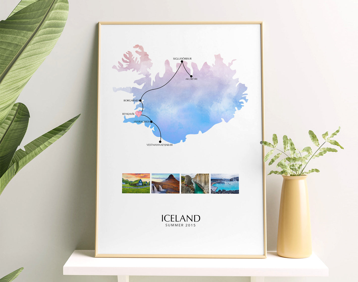 Iceland Personalised Travel Map Print with Photo Collage