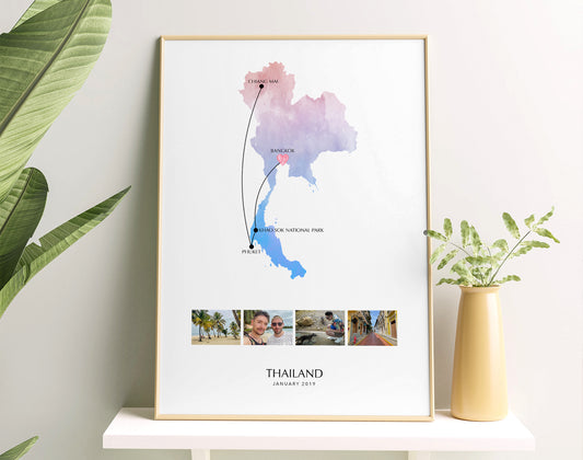 Thailand Personalised Travel Map Print with Photo Collage